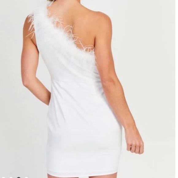Altar’d State White One Shoulder Feather Trim Mini Dress M - Picture 2 of 10